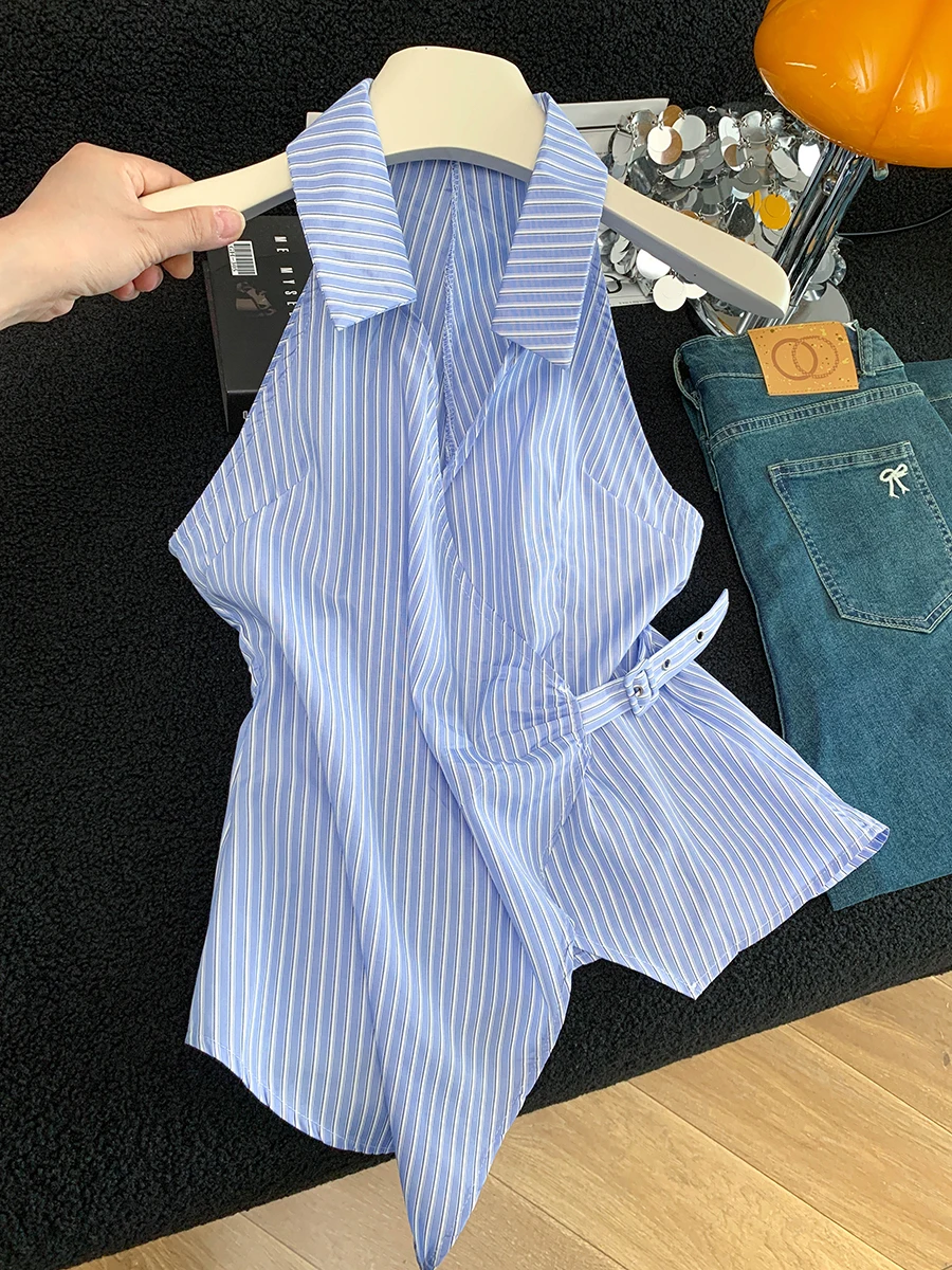 

Light Blue Striped Collared Hanging Neck Vest Women's Summer New Unique Beautiful Waist Cinched Pleated Asymmetrical Shoulder...