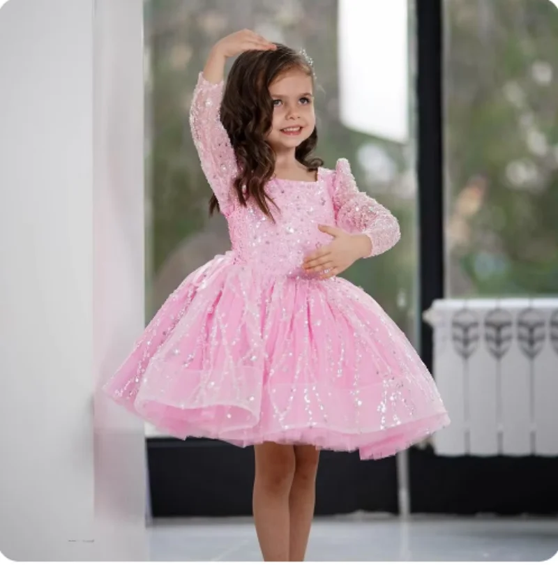 

Sparkly Arabic Flower Girl Dress Beading Pink Baby Kids Princess Birthday Wedding Party Children Holiday Gowns 2024