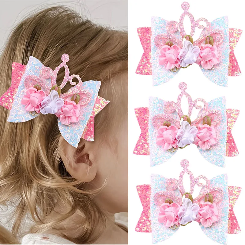 Oaoleer New Crown Hair  Bow Clip with Flower For Baby Girls Cute Glitter Bowknote Hairpin Barrettes Kids Headdress Accessories