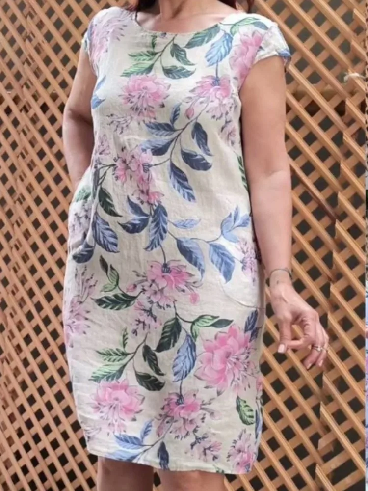 

New Casual Boho Women Dresses Flower Printed O Neck Lantern Short Sleeve Ladies Midi Dress Fashion Beach Vacation Dresses Female