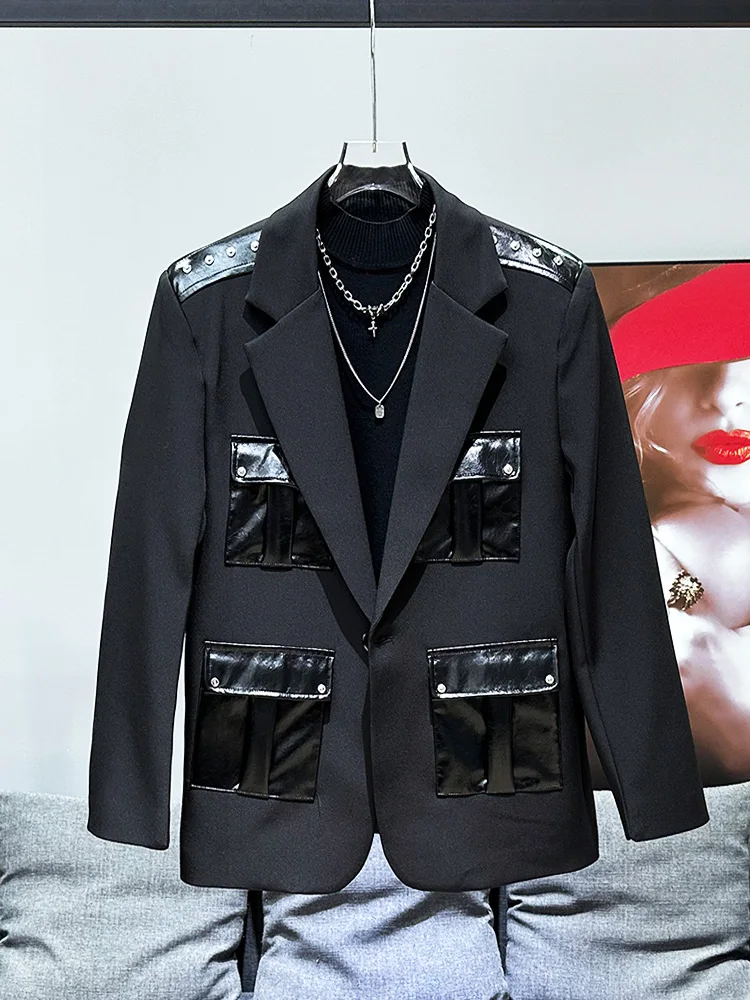 

Корейский мужской костюм из искусственной кожи с лоскутным дизайном, повседневный, свободного кроя, универсальный, модный, осенний, с длинными рукавами