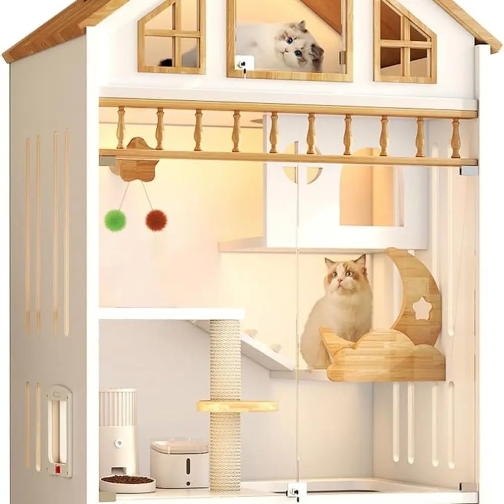 

Large Wooden Cat Enclosure on Wheels with Scratching Post, 63x35x24, Multi-Feature Indoor Cage