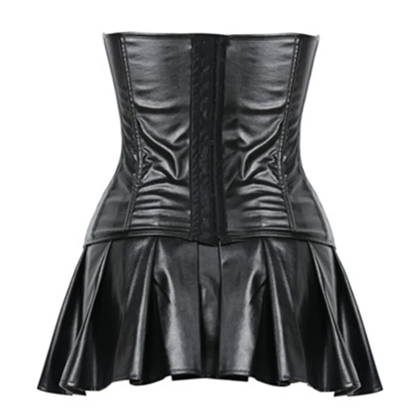 Women Sexy Steampunk Faux Leather Corset Dress Zipper Chain Decoration Gothic PU Leather Korset Overbust Bustier Top With Skirt