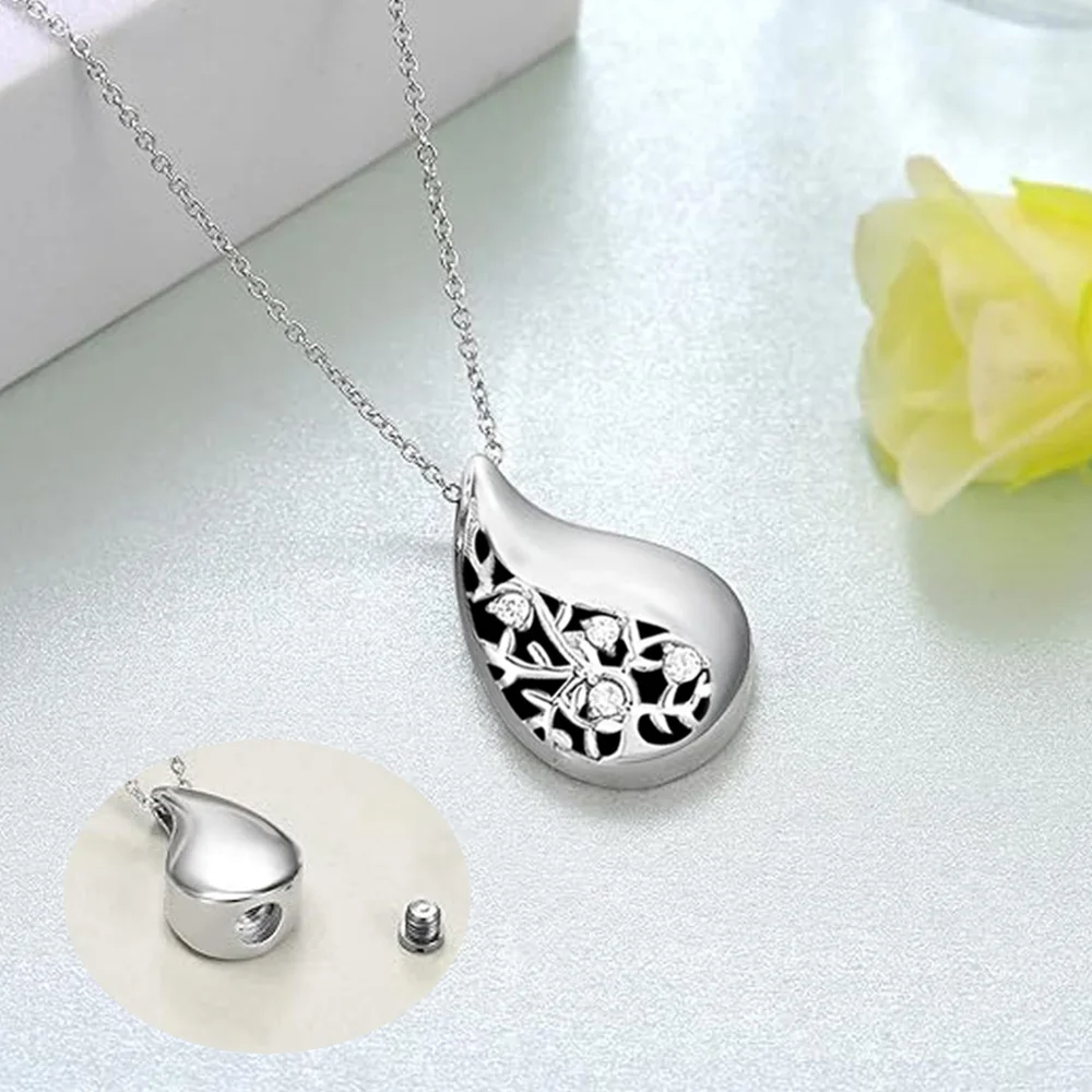 Silver Tree of Life Teardrop Urn Necklace for Ashes Keepsake Cremation Pendant Memorial Jewelry for Women