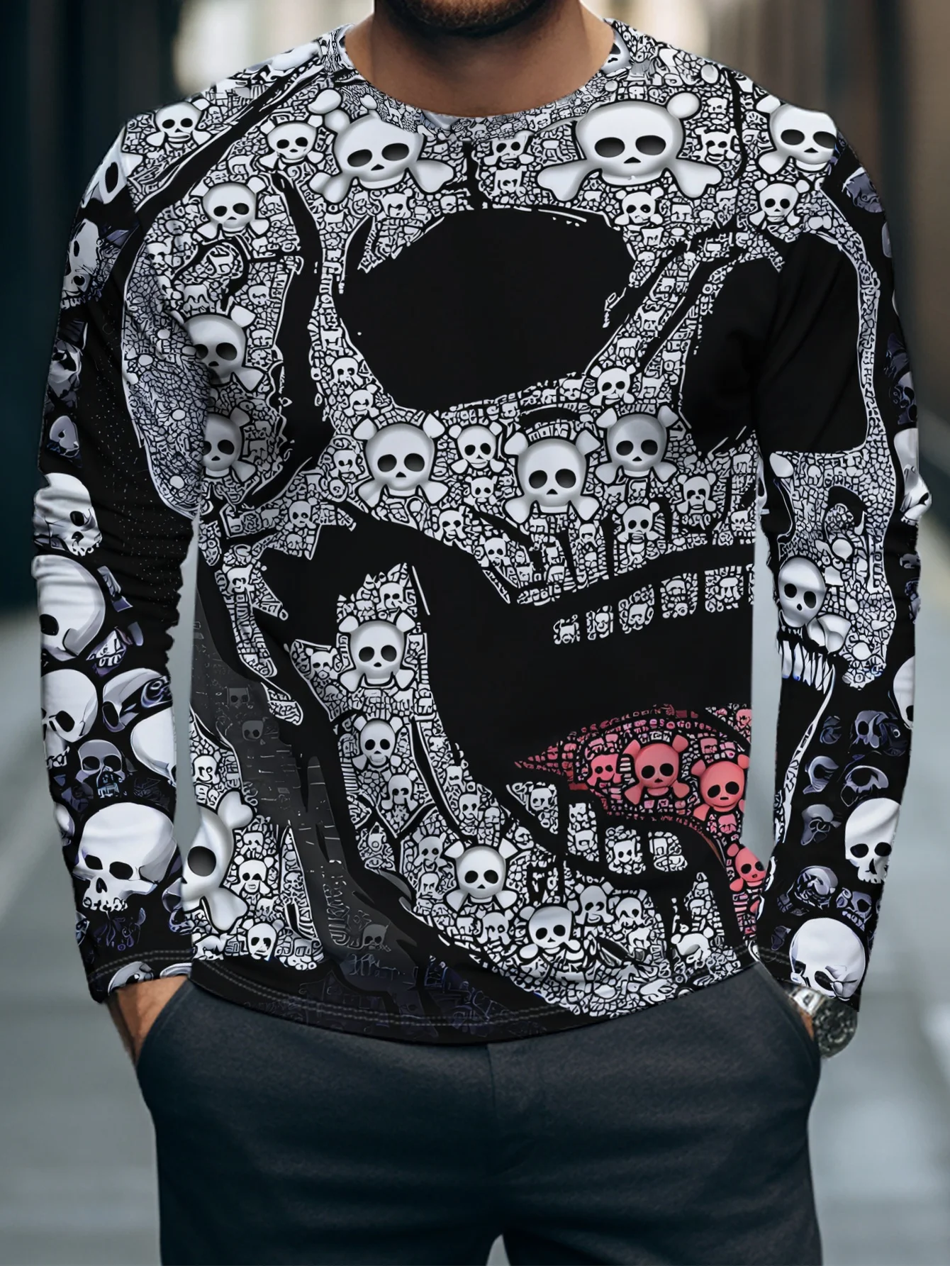 2026 new hot selling autumn and winter men's 3D skull full print quick drying breathable casual O-neck Gothic dark style street
