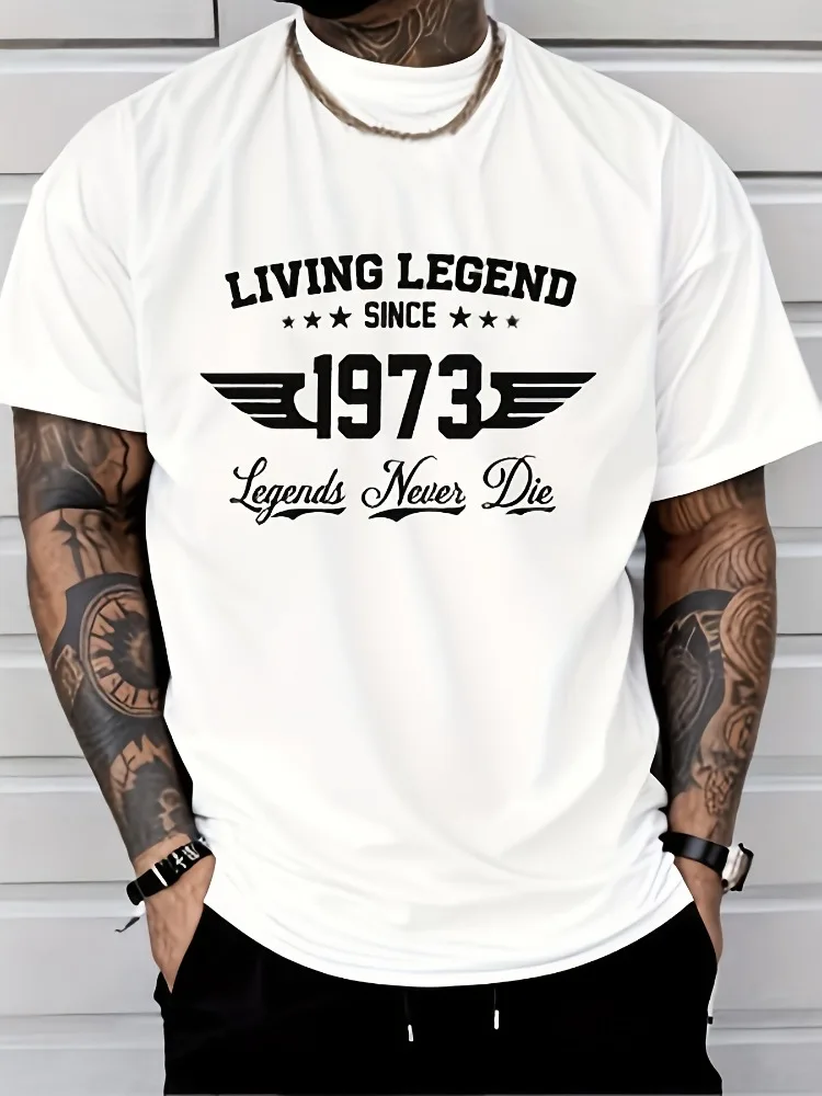 Men Summer Red Short Sleeve Tee Living Legend 1973 Wing Star Print Loose Hip Hop Crew Neck Vintage Daily Streetwear Top