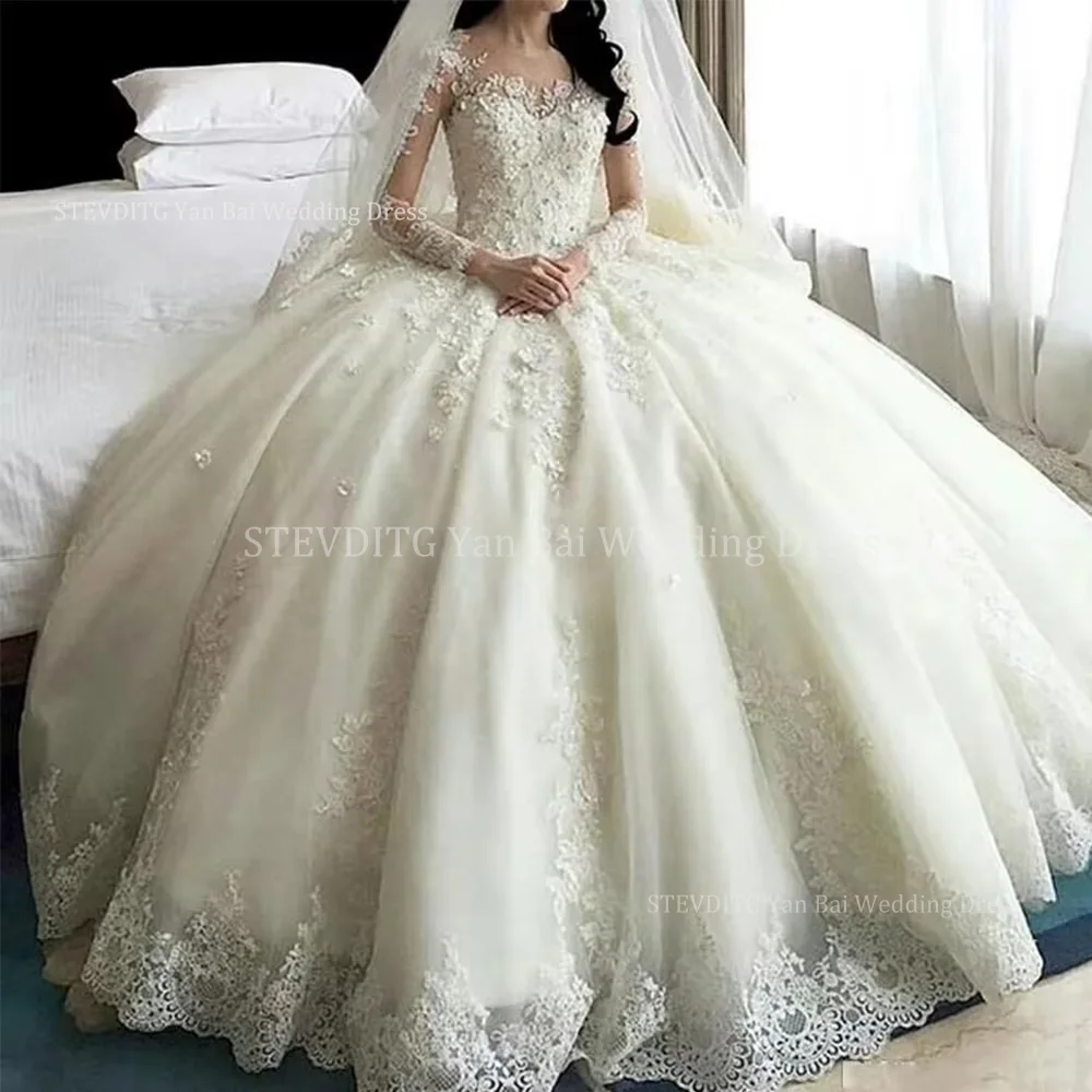 

Luxury Sweep Train Wedding Dresses For Women Elegant Full Sleeves Chic Lace Appliques Floor-Length Wedding Bride Customized Gown