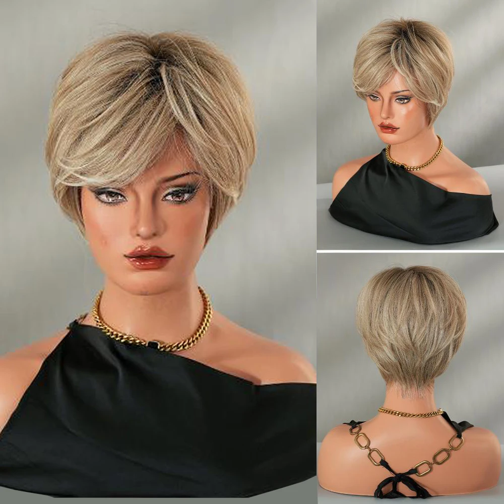 Pelo sintético rizado corto en capas de 8 pulgadas, marrón dorado, peluca de alta calidad Natural y esponjosa para fiesta diaria de mujeres de mediana edad