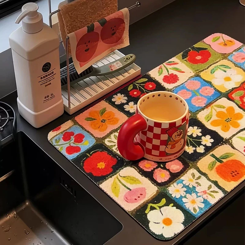 VIKAMA Kitchen Drain Mat Fruit Floral Grid Print Dish Drying Mat Water Absorbent Quick Dry Anti Slip Soft
