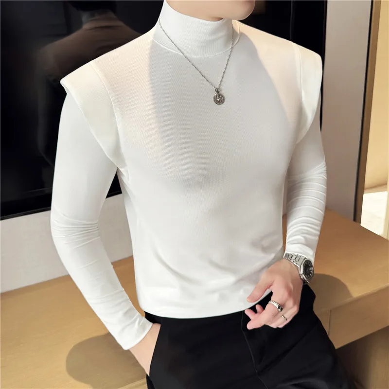 Fashion Fake Two Pieces T-Shirts for Men Long Sleeve Solid Color Elastic Mens Mock Neck Casual Tees Tops Korean Slim Fit Tshirt