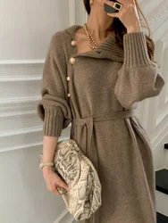 Women Dress Full Sleeve Button Irregular Long Dresses Turtleneck Party Slim Fit Lace Up Tight High Waist Elegant Vestidos