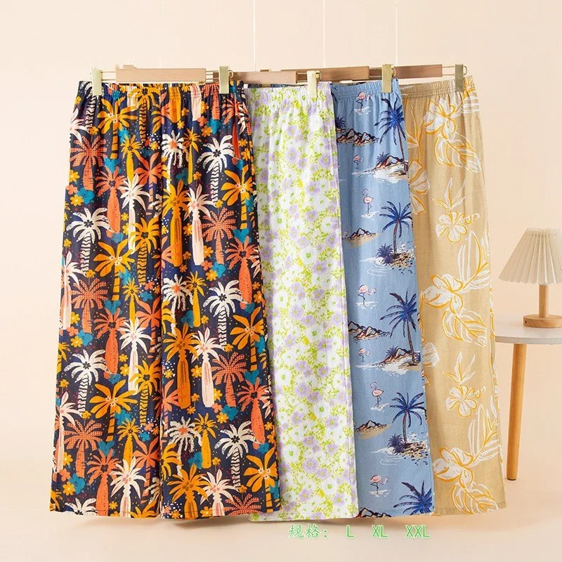 Capris Pajama Pants Women's Loose Summer Soft Cotton Home Pants High Quality Wide Leg Plus Size Home Air Conditioning Trousers
