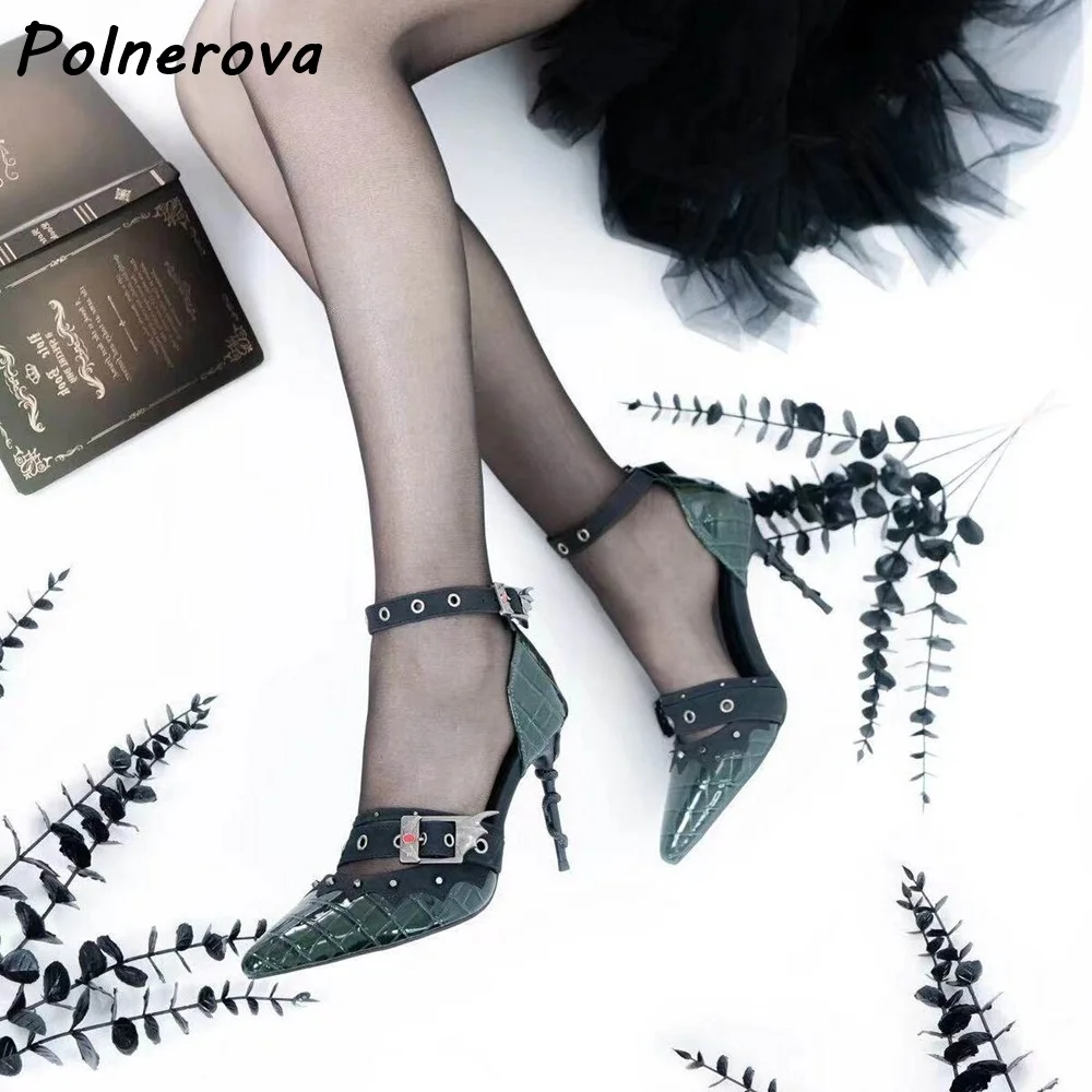 

Crocodile Pattern Buckle Strap Pumps Ankle Band Black White Dark Punk Pumps Women's Summer Sexy Hollow Straight Strap Shoes