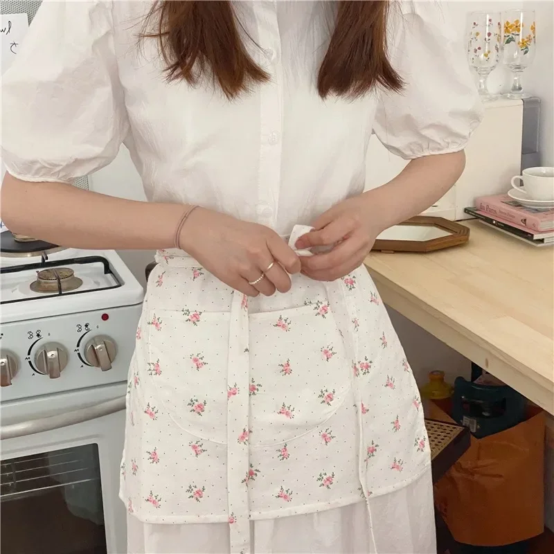 Floral Apron Cotton Kitchen Picnic Baking Half Length Apron Antifouling French Retro Girl Romantic Floral Apron Elegant Picnic