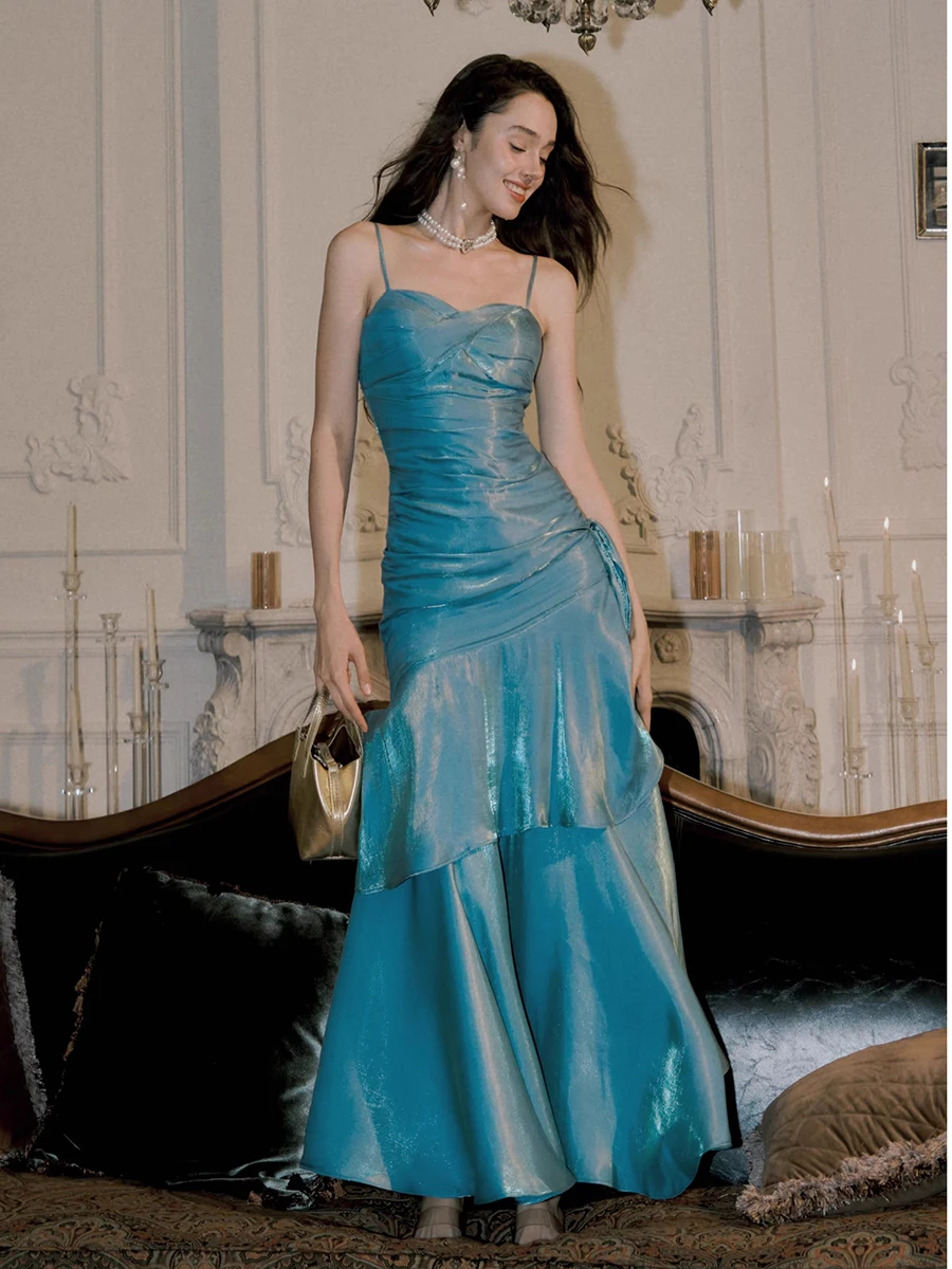 Reddachic brilhante sereia vestido de festa feminino cetim camisola querida bodycon plissado em camadas maxi vestido longo vestido de baile de noite