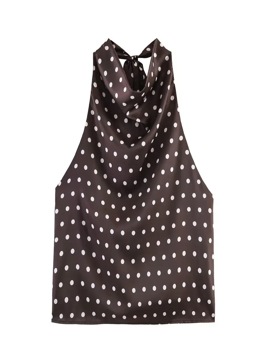 Women's Satin Polka Dot Hanging Neck Vest Slimming Outerwear Sleeveless Top Fashionable Casual Style No Chest Pad Included