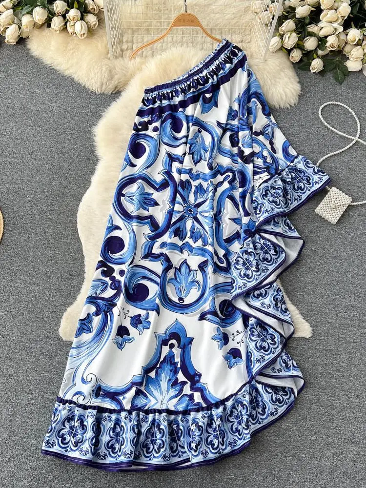 Summer Runway Blue And White Porcelain Asymmetry Long Dress Women Sexy Off The Shoulder Ruffles Hem Loose Robe Maxi Vestidos