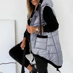 2022 Winter Hooded Cotton Padded Waistcoat Sleeveless Warm Long Down Coat Vest With Pockets Quilted Down Jacket Outdoor Jackets