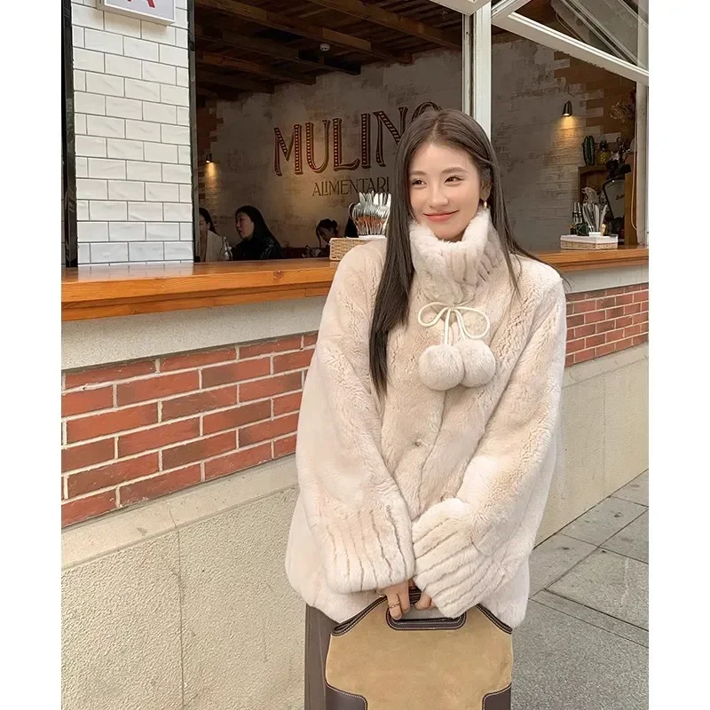 Korean Fashion Autumn and Winter New Women Tops Coats Faux Fur Round Collar Long Sleeve Single Breasted Loose Straight Coats