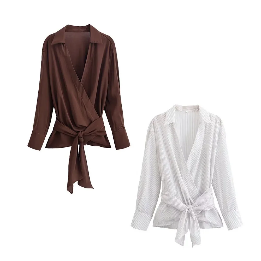 

Осенняя новая женская модная полосатая рубашка с ремешком на талии