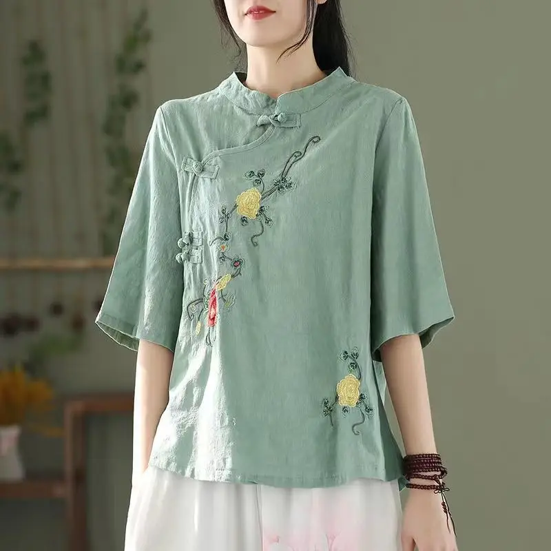 Women's Summer Ethnic Style Pullover Standing Neck Oblique Retro Pan Button Solid Color Medium Sleeve Cotton Linen Short Tops