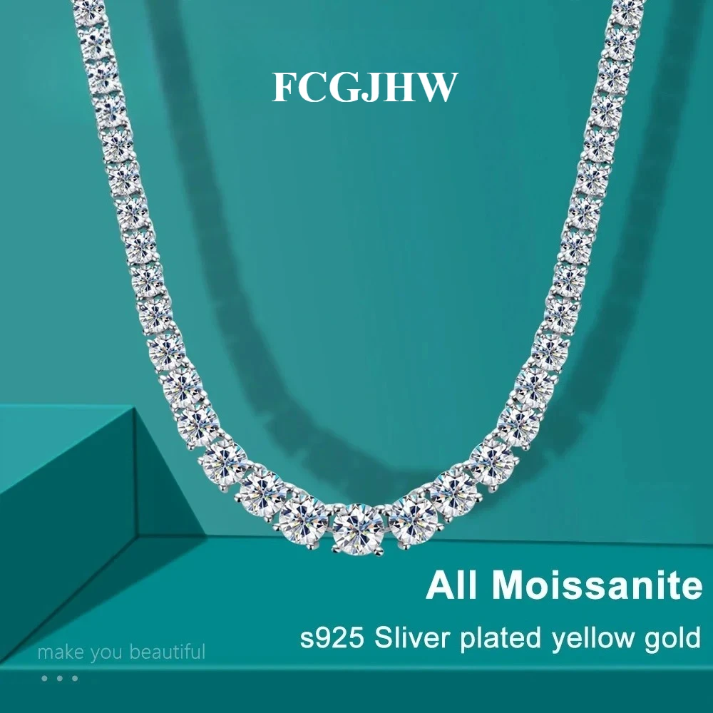 FCGJHW D Color Moissanite Tennis Necklace 925 Sterling Sliver Plated 18k Gold Necklace for Woman Man Hiphop Party Jewelry