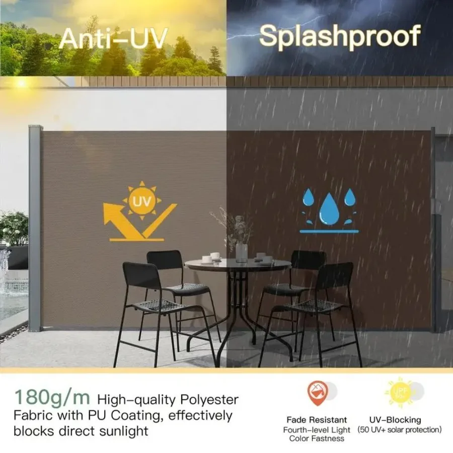 مظلة جانبية قابلة للسحب مقاس 71 × 118 بوصة شاشة خصوصية رمادية فاتحة مقاومة للماء من البوليستر المقاوم للأشعة فوق البنفسجية سهلة التركيب ومقاومة للصدأ #4