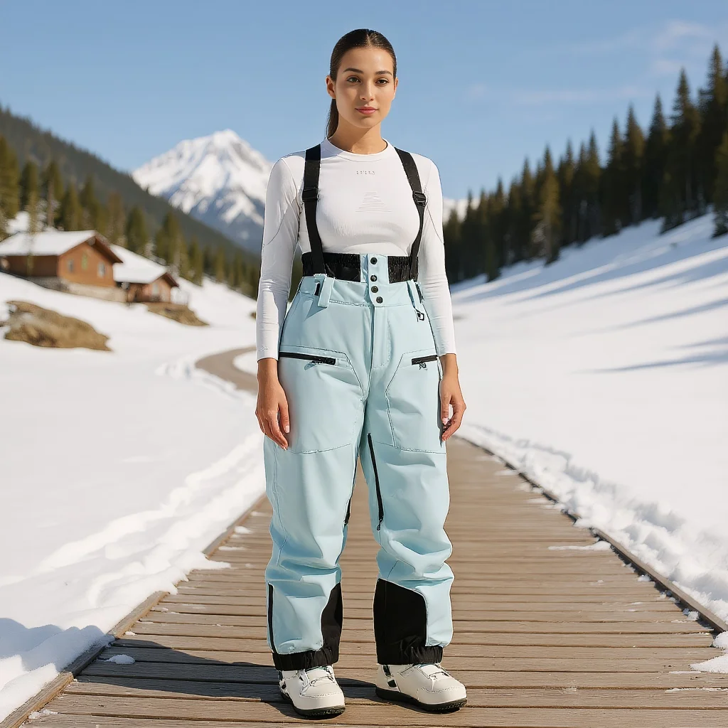 Новые лыжные брюки, женские уличные брюки с ремешком, теплые двухбортные ветрозащитные водонепроницаемые зимние спортивные брюки для отдыха, свободные зимние брюки с большими карманами