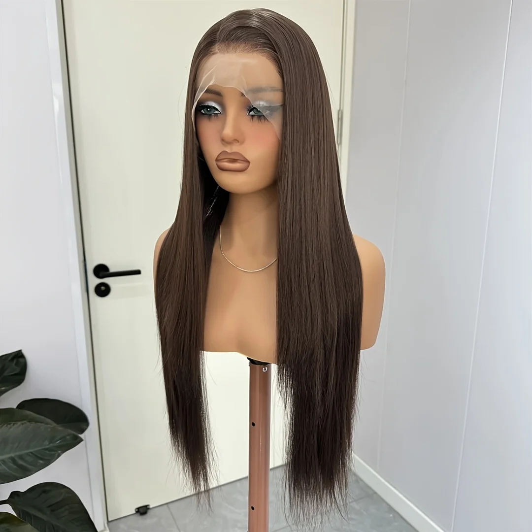 

Glueless Long Soft Brown Straight 5x5 Silk Base Jewish Human Hair With BabyHair HD Lace European Hair Preplucked