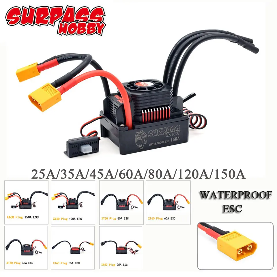 SURPASS HOBBY KK 150A 120A 80A 60A 45A 35A 25A Waterproof ESC  XT60 2-6S for 1/8 1/10 1/12 1/14 1/16 RC Brushless Motor