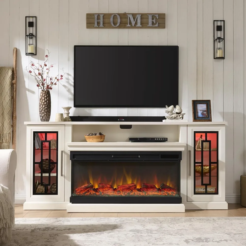 Soporte para TV con chimenea eléctrica de 75 pulgadas, mesa consola LED moderna para centro de entretenimiento multimedia para televisores de hasta 80/85 pulgadas, chimenea de 40 pulgadas