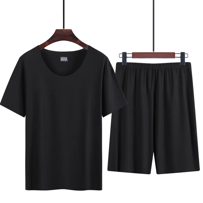 Pyjama d\'été à manches courtes pour hommes, shorts décontractés à col rond, vêtements de maison fins imbibés de glace