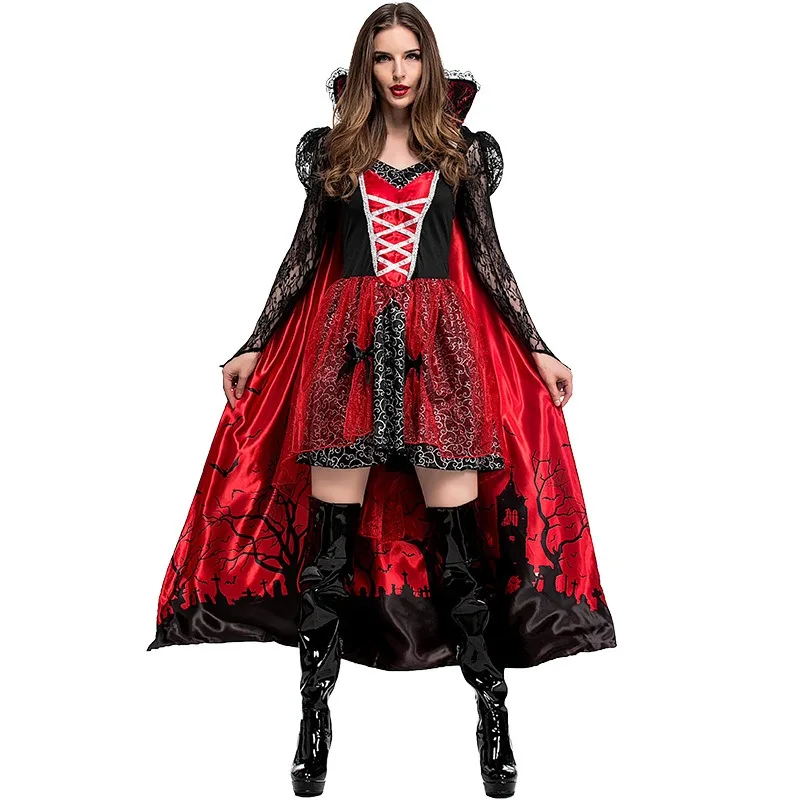 Girls Halloween Witch Costume Makeup Ball Vampire Zombie Costumes Devil Queen Cosplay Costume Red Dress and Cape Two Piece Set