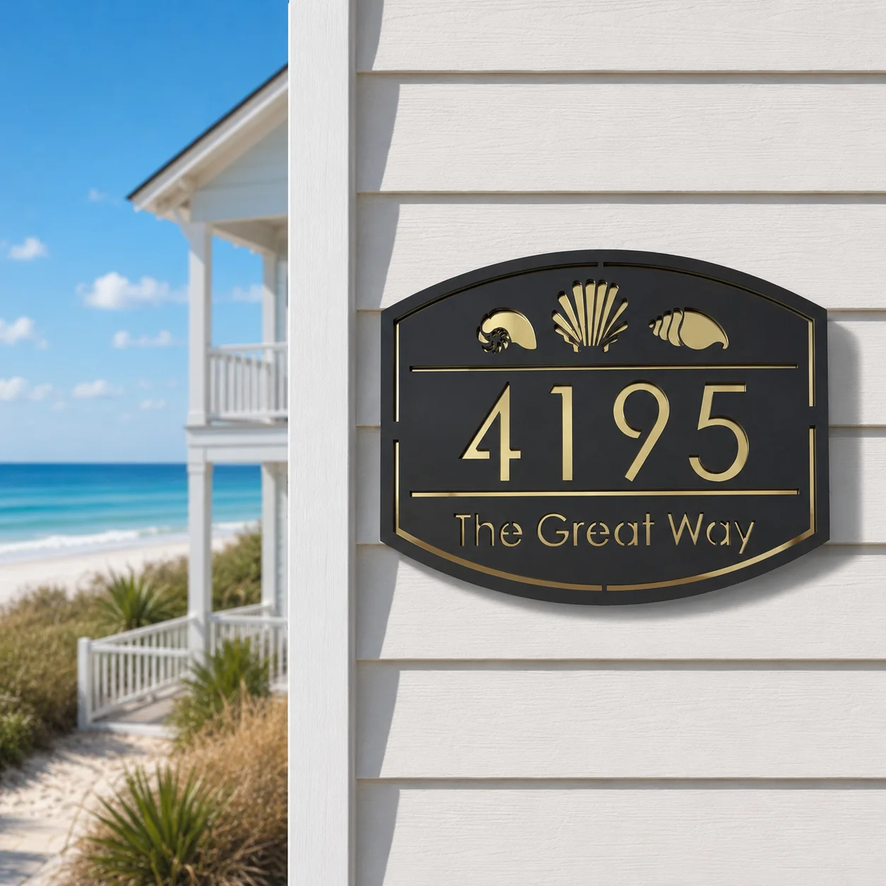 Personalized Acrylic Beack House Number Sign Custom Address Plaque Outdoor Door Number Plate Wall Mounted Nautical Shell Decor