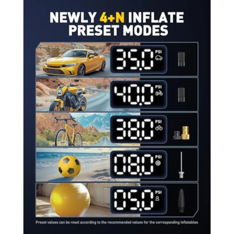 ضاغط هواء محمول لإطارات السيارات مع ضغط عالي 150 رطل لكل بوصة مربعة وتضخيم سريع لمدة دقيقة يتضمن مقياس ضغط الإطارات وLED F