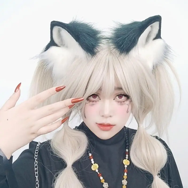 

77HE Handmade Faux Furs Cats Ears Headband Animie Headwear for Women and Teens Cosplay Dressingup Accessories