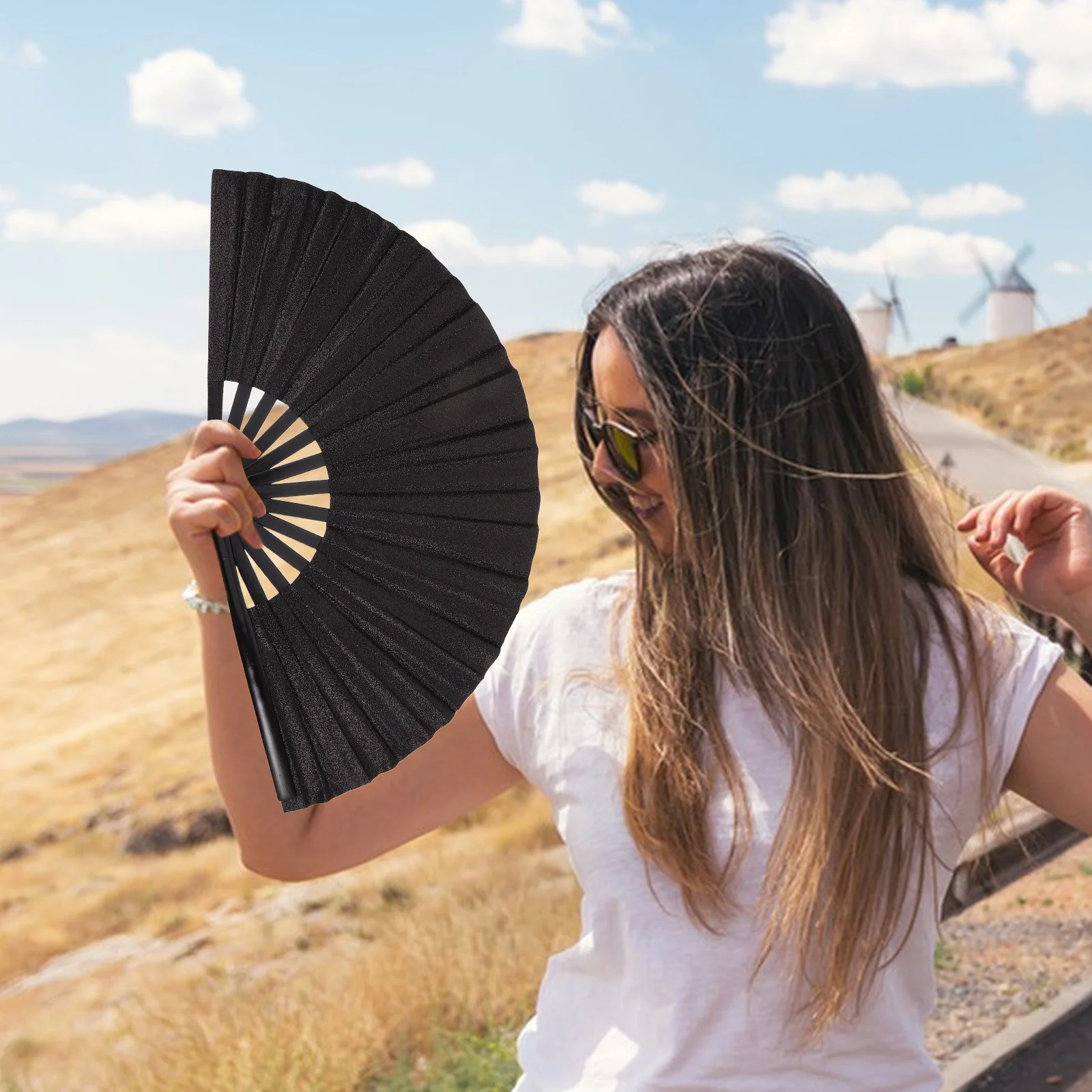 

Glitter Rave Fan Folding Black Hand Fan Portable For Line Dancing Festival Party Carnival Dance Accessory Lightweight