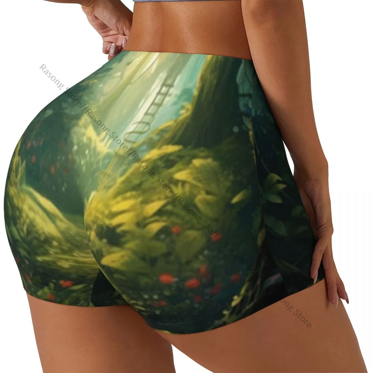 Push-Up-Shorts, elastisch, Scrunch-Po, tiefer Dschungel mit üppigem tropischen Regenwald, Laufshorts, Sportshorts, Damenbekleidung, Fitnessstudio