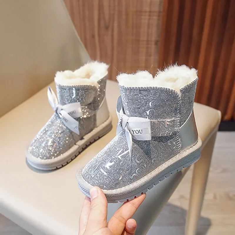 Grils Snow Boots  2022 Winter Kids Fashion Brand Princess Ankle Warm Fur Shoes Toddler Cute Bowtie Glitter Water proof Platform