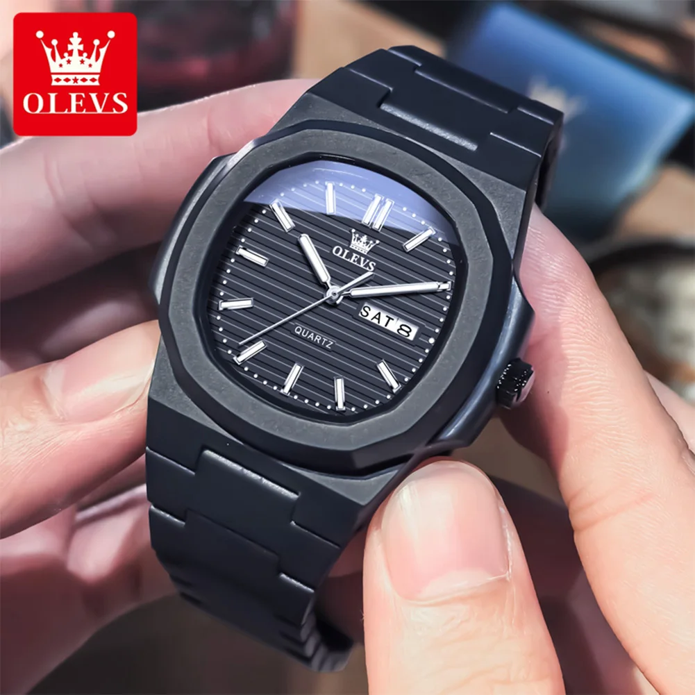 OLEVS 5627 Watches For Man Original Square Quartz Watch Waterproof Luminous Week Date Watches Resin Strap Box Gifts