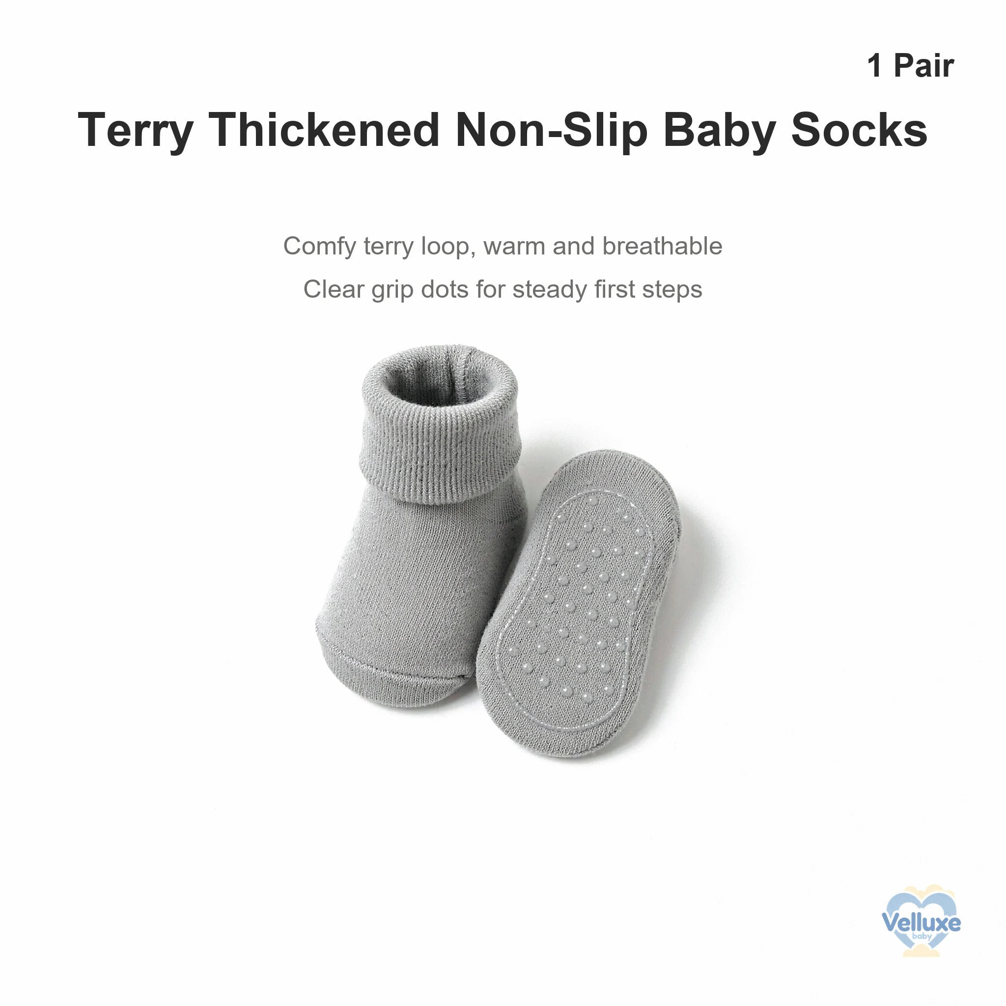 1Pair Classic Grey Terry Thickened Non-Slip Baby Socks, Fold-Over Cuff, Class A Combed Cotton for 0-3Y
