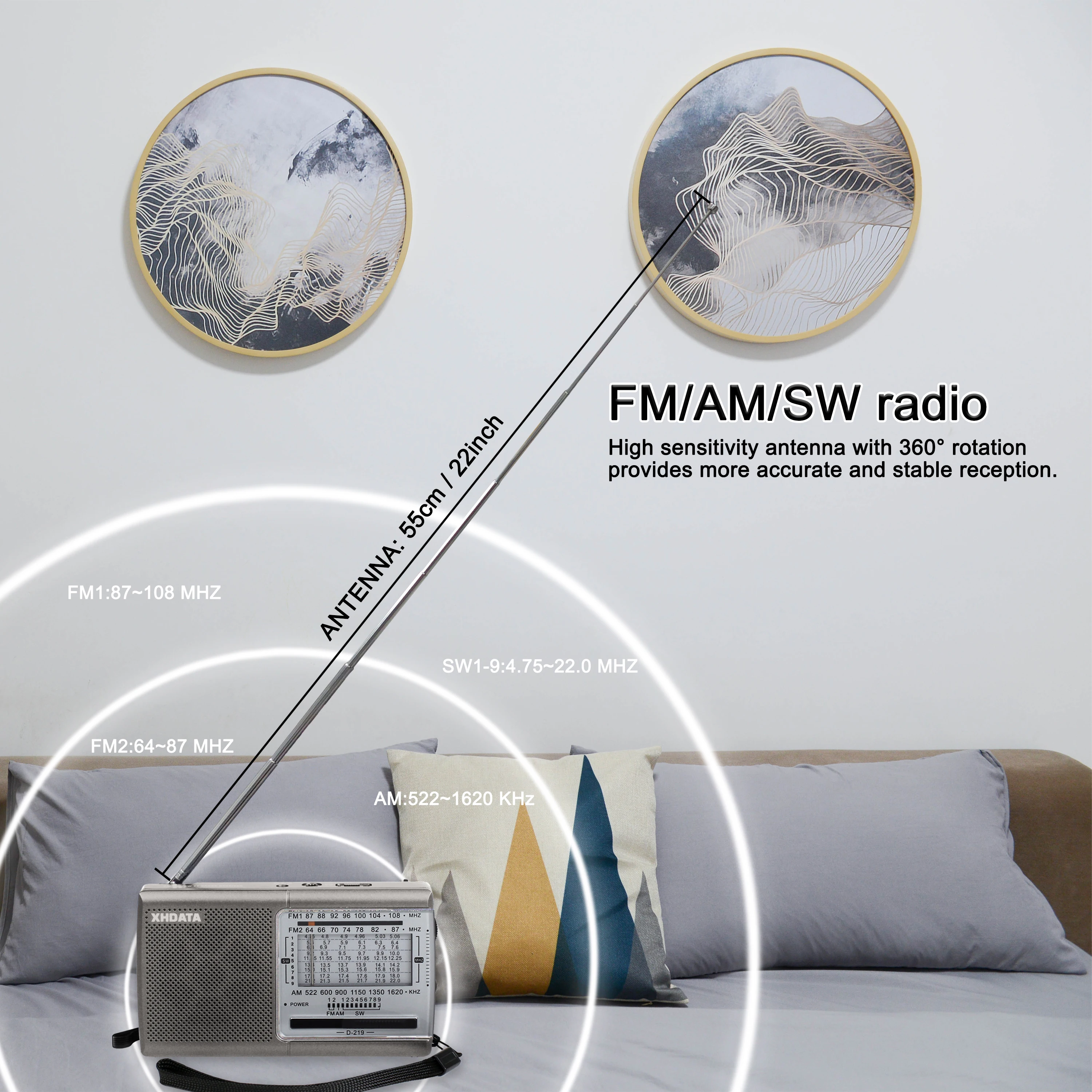 XHDATA D-219 Portable Radio FM AM SW1-9 11 Bands Radio Receiver High Sensitivity Shortwave Pocket Radio + Speaker Earphone Jack