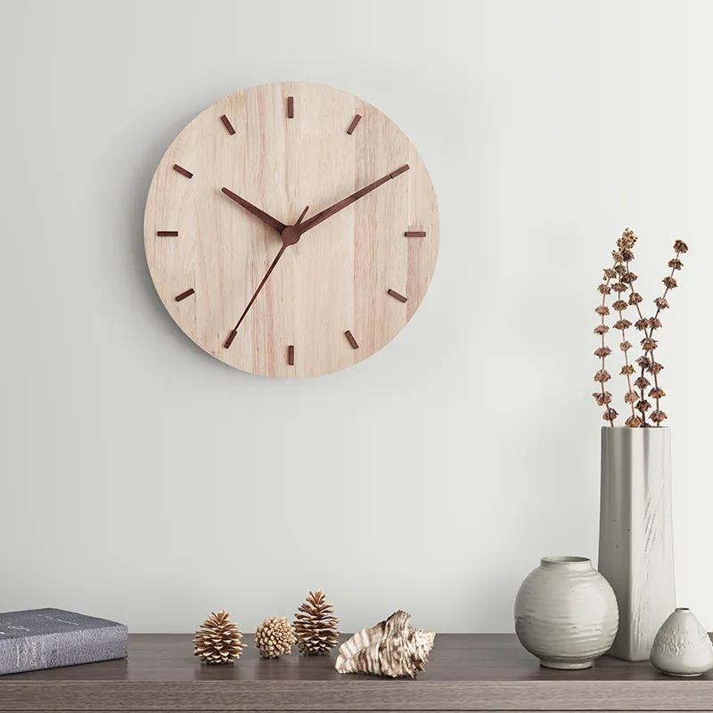 Creative Nordic simple non-punching solid wood wall clock home living room wall clock decorative clocks