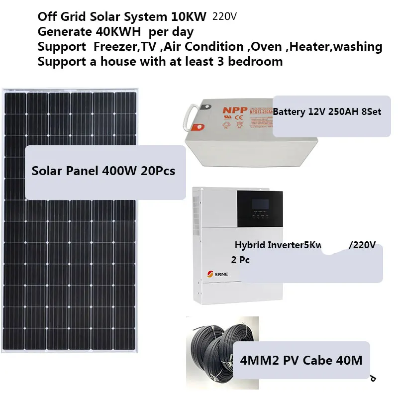 Zestaw solarny W komplecie z baterią 10000W 10KW 220V 120V Panel słoneczny 400W hybrydowy falownik MPPT Off Grid Home System willa sypialnia