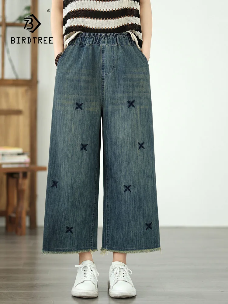 

New Spring Cotton Denim Trouser, Women Elastic Waist Retro Embroidery, Mori Girl Casual Versatile Loose Wide Leg Jeans B53719CC