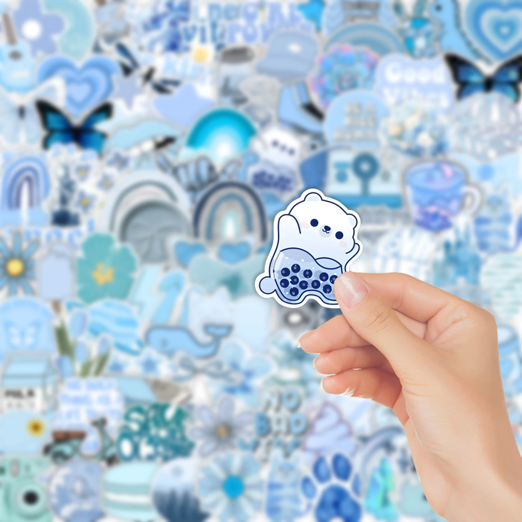 115pcs Dreamy Blue Tone Healing Stickers | Aesthetic Vinyl Stickers with Pastel Blue & White Themes | for Luggage, Notebook