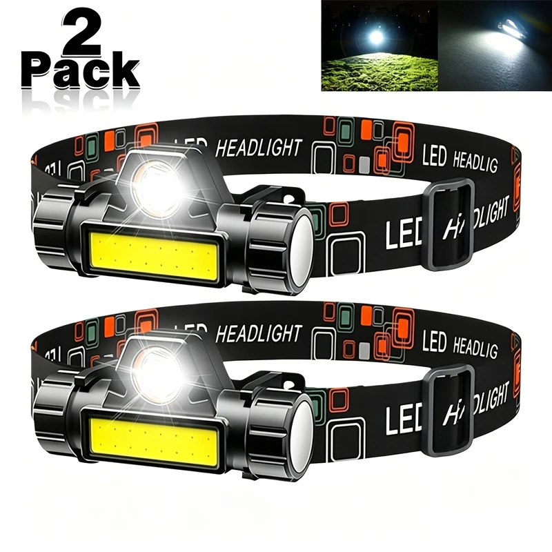 Super Bright LED Headlamp Rechargeable Waterproof Flashlight With XPE COB Beads And Tail Magnet Dual Light Sources Work Light