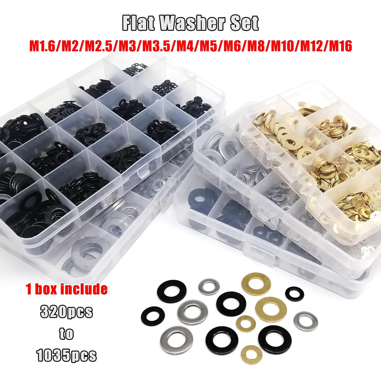 1 Set Flat Washer Plain Gasket GB97 Mix M1.6 M2 M2.5 M3 M4 M5 M6 M8 M10 M12M16 Assortment Kit Black 304 A2 Stainless Steel Brass