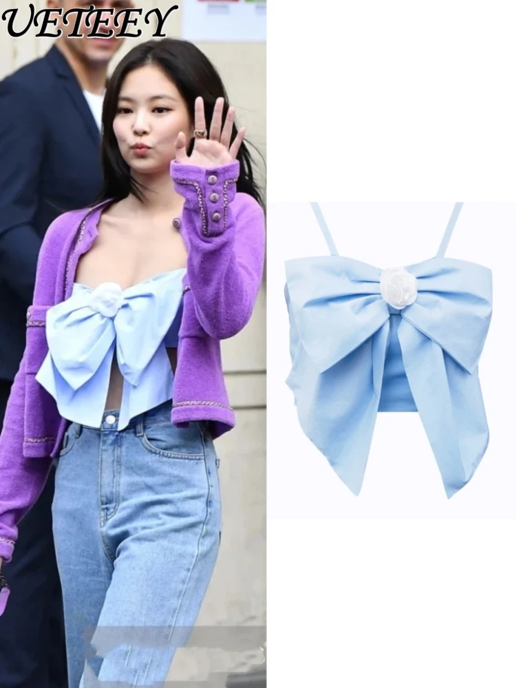 

Summer Fashion Bow Outerwear Short Suspender Bow Vest Women's Solid Color Sweet Seaside Vacation Hot Girl Crop Top