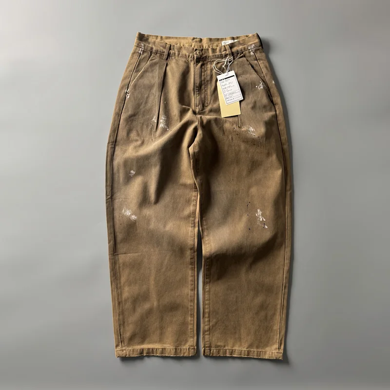 

Vintage Logging Work Pants Canvas Loose Straight Legwear Faded Oil Stain Heavy Du Long Trousers Busin Gentleman Sle